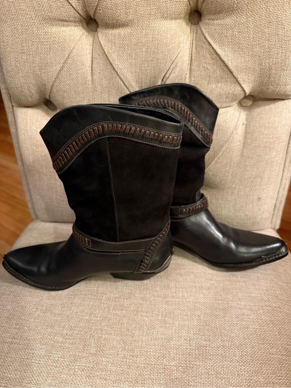 Circle S Black Leather & Suede Western Boots Stacked Heel Buckle Western Boho - Picture 4 of 8